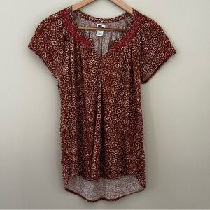 John Robshaw For Lucky Brown Cotton Blend Split Neck Graphic Top Size Medium